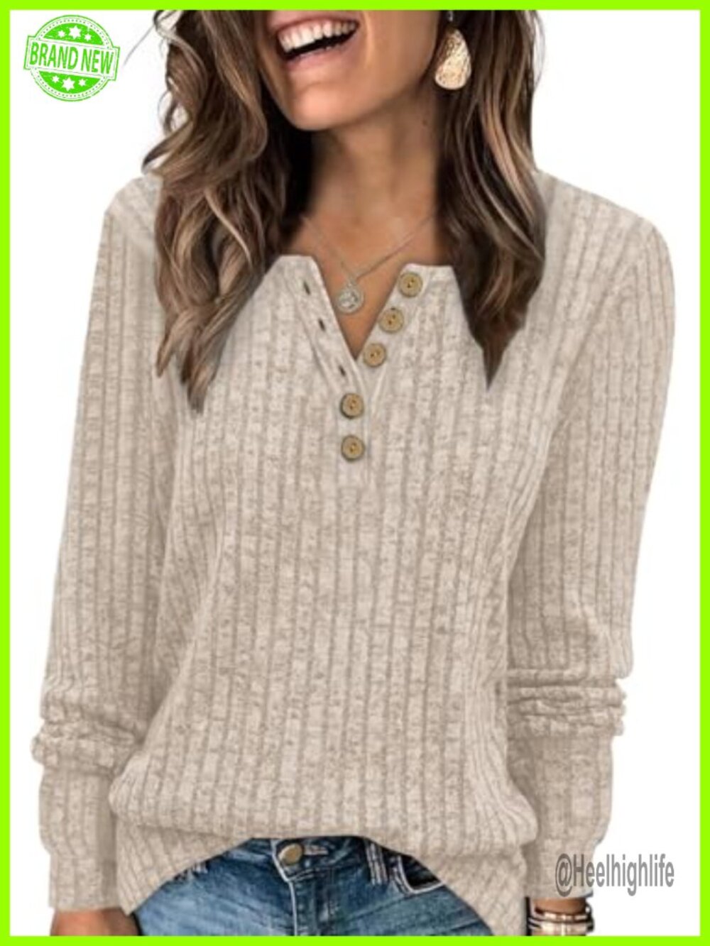 Womens Henley Sweater Ribbed Knit V Neck Button Long Sleeve Pullover